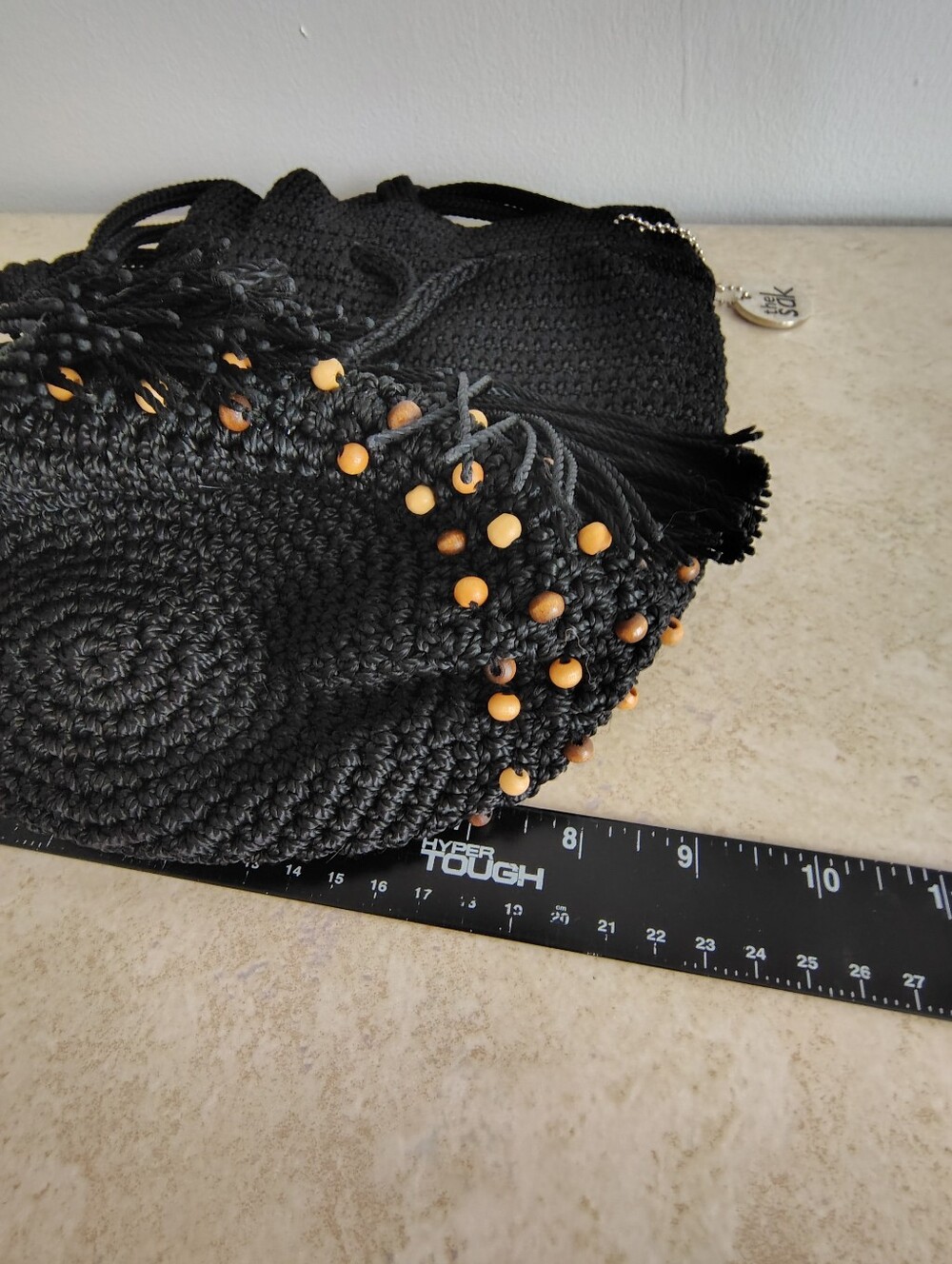 The Sak Black Crochet Crossbody Bag Wood Beads Tassel Drawstring Boho Bali - Picture 6 of 12